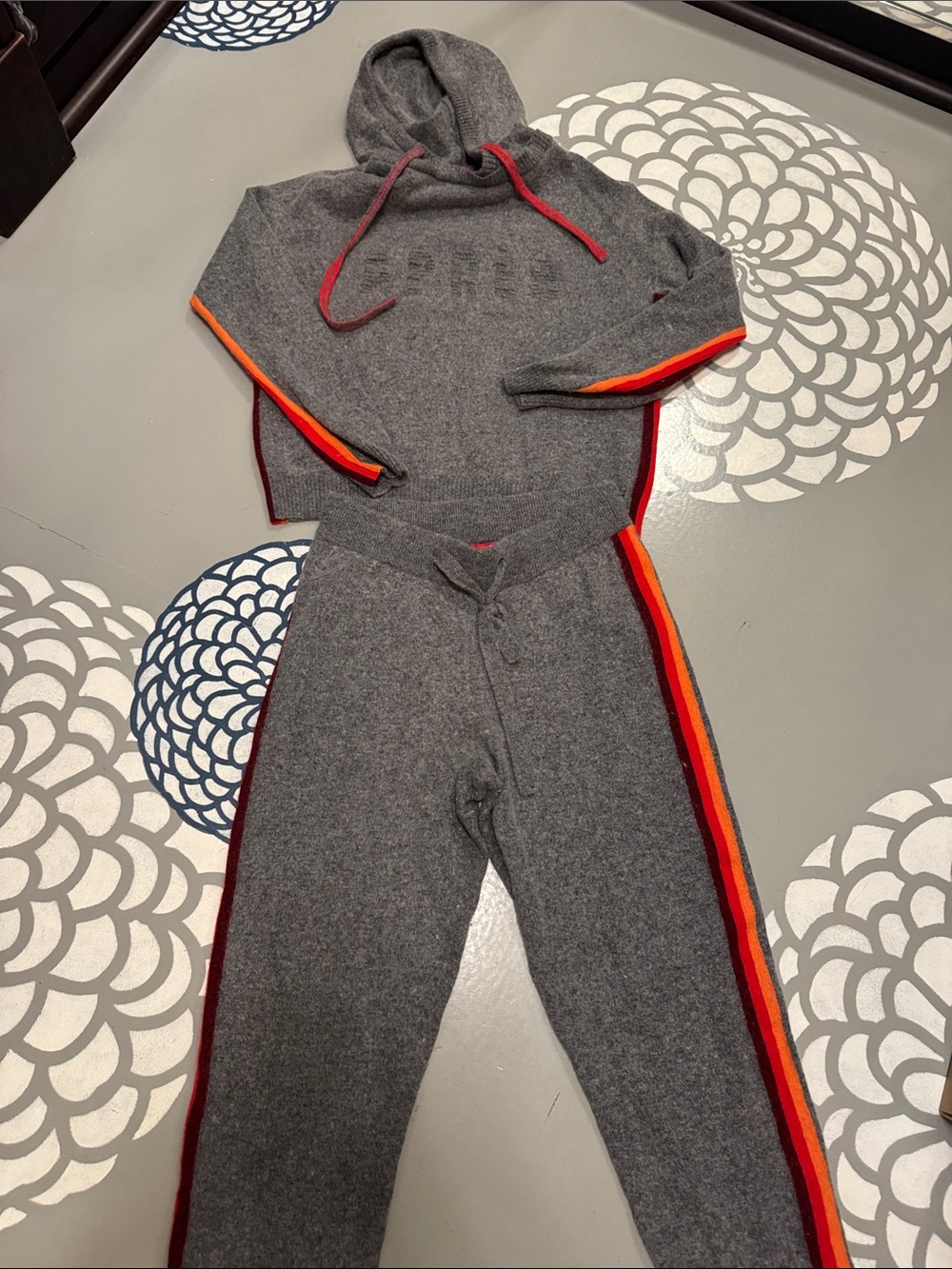 Krimson Klover Apres Gray Sweatshirt & Joggers with Red and Orange Stripe SM
